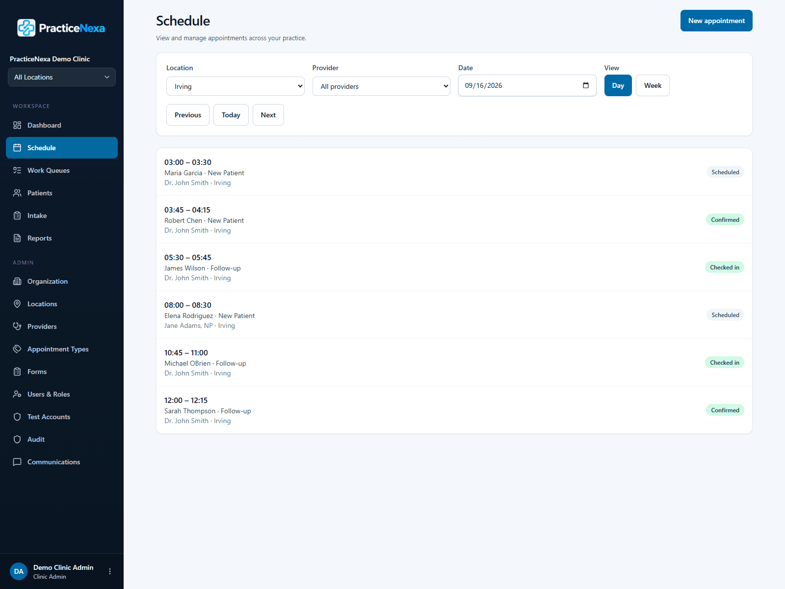 PracticeNexa scheduling screen showing provider appointments and availability