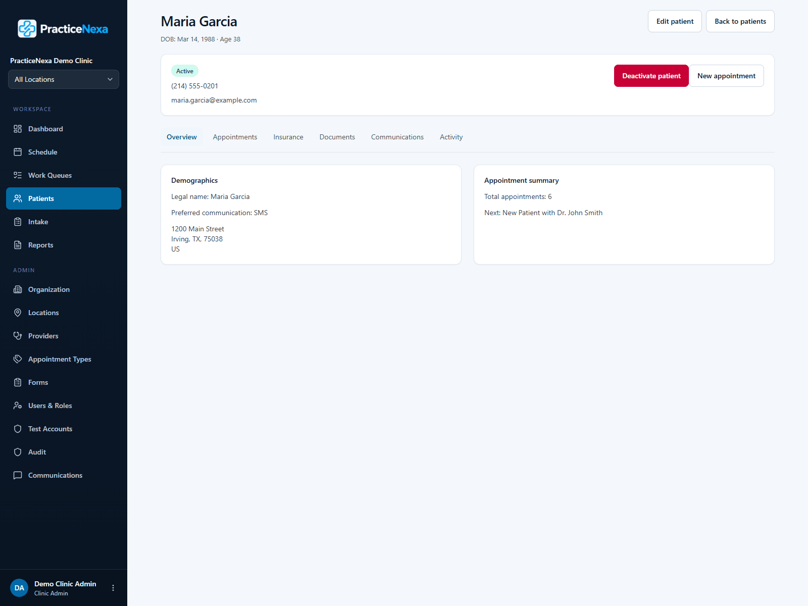 PracticeNexa patient profile showing demographics and appointment summary for staff review