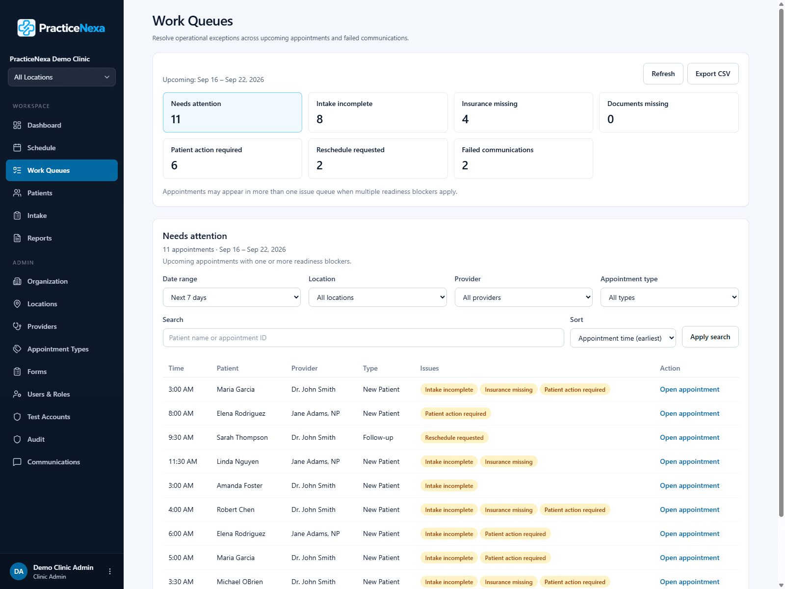 PracticeNexa work queues showing appointments that need follow-up