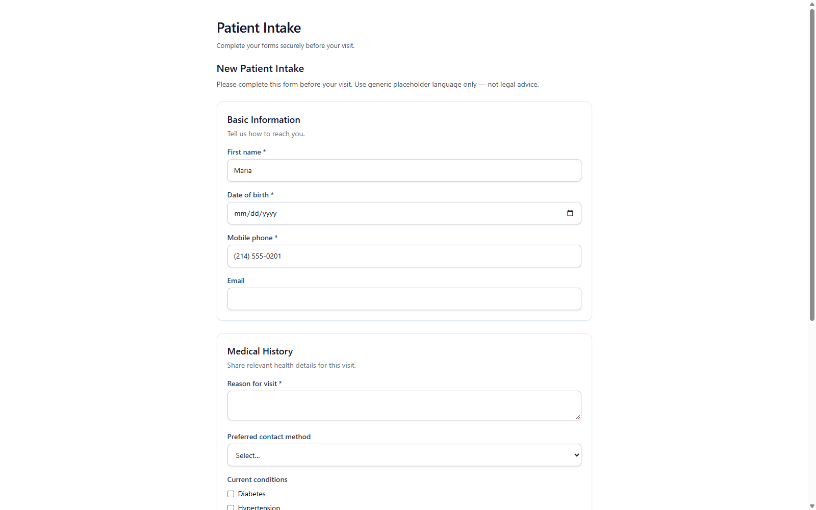 PracticeNexa digital intake form for a scheduled visit