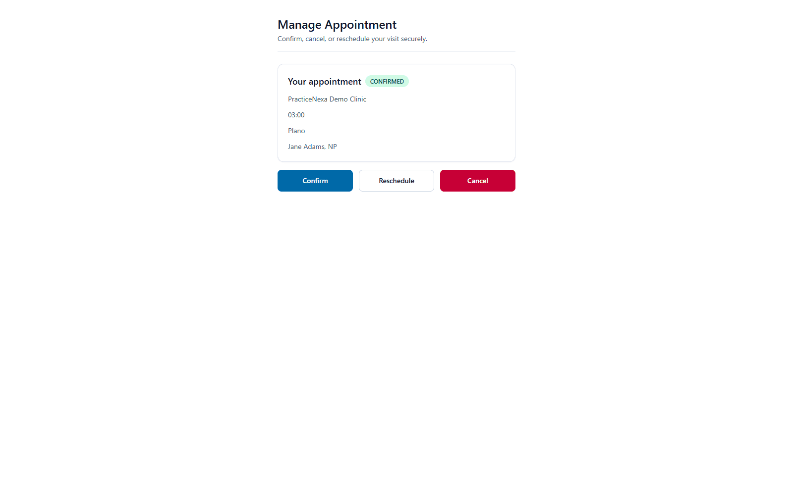 PracticeNexa secure appointment actions for patients confirming or managing a visit